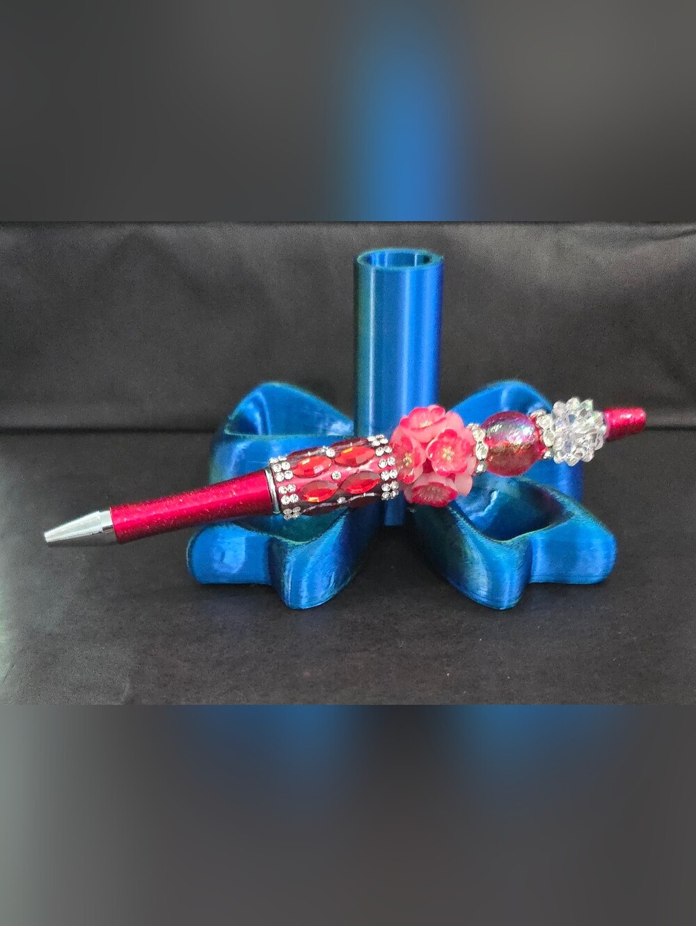 Handcrafted Red Beaded Floral Pen with Blue Bow Stand